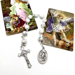 Saint Michael the Archangel + Guardian Angel Tenner Chaplet One Decade Rosary With Genuine Howlite Beads and Prayer Cards, Saint Benedict
