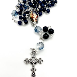 Holy Family- Jesus Mary Joseph- Centerpiece Rosary With Navy Blue Jade Beads, Dream Tiger Eye Beads, Gorgeous Glass Globe Pater Beads