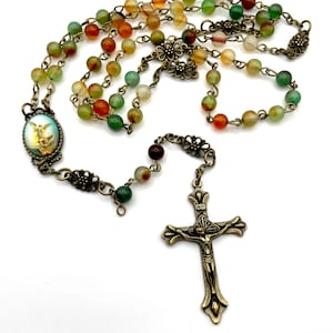 Bronze Saint Michael the Archangel Centerpiece Peacock Agate Gemstone Beads Handmade Heirloom, Vintage Rosary