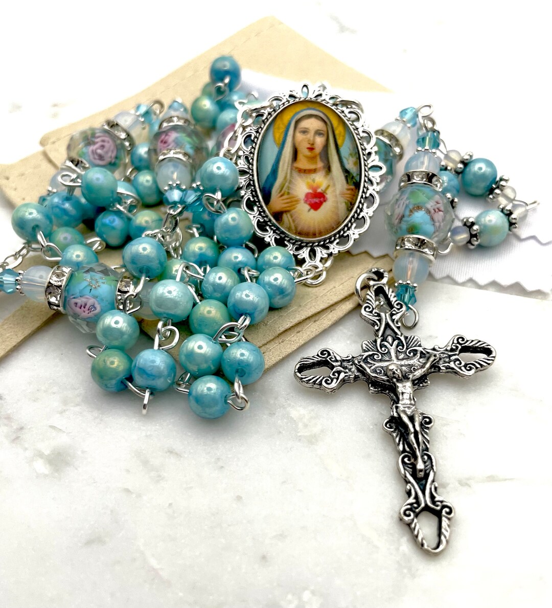 Immaculate Heart of Mary Rosary | Rose Lampwork Crystal + Marbled Glass ...