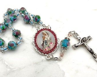 Pink Crystal Our Lady of Lourdes Center Single Decade Pocket Rosary With Lampwork Rose Embellished Beads Silver Crucifix Swarovski Crystal