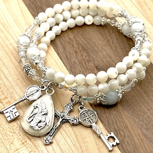 NEW Design! 5-Decade Rosary Bracelet- Aquamarine, Mother of Pearl, Opal, Swarovski Crystals | St. Michael, St. Benedict + Miraculous Medals