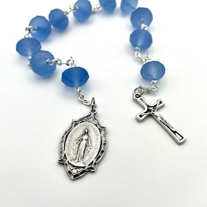 Vintage, Ornate Miraculous Medal Tenner Chaplet One Decade Pocket Rosary With Gorgeous Sky Blue Matte Faceted Beads, Fatima Crucifix