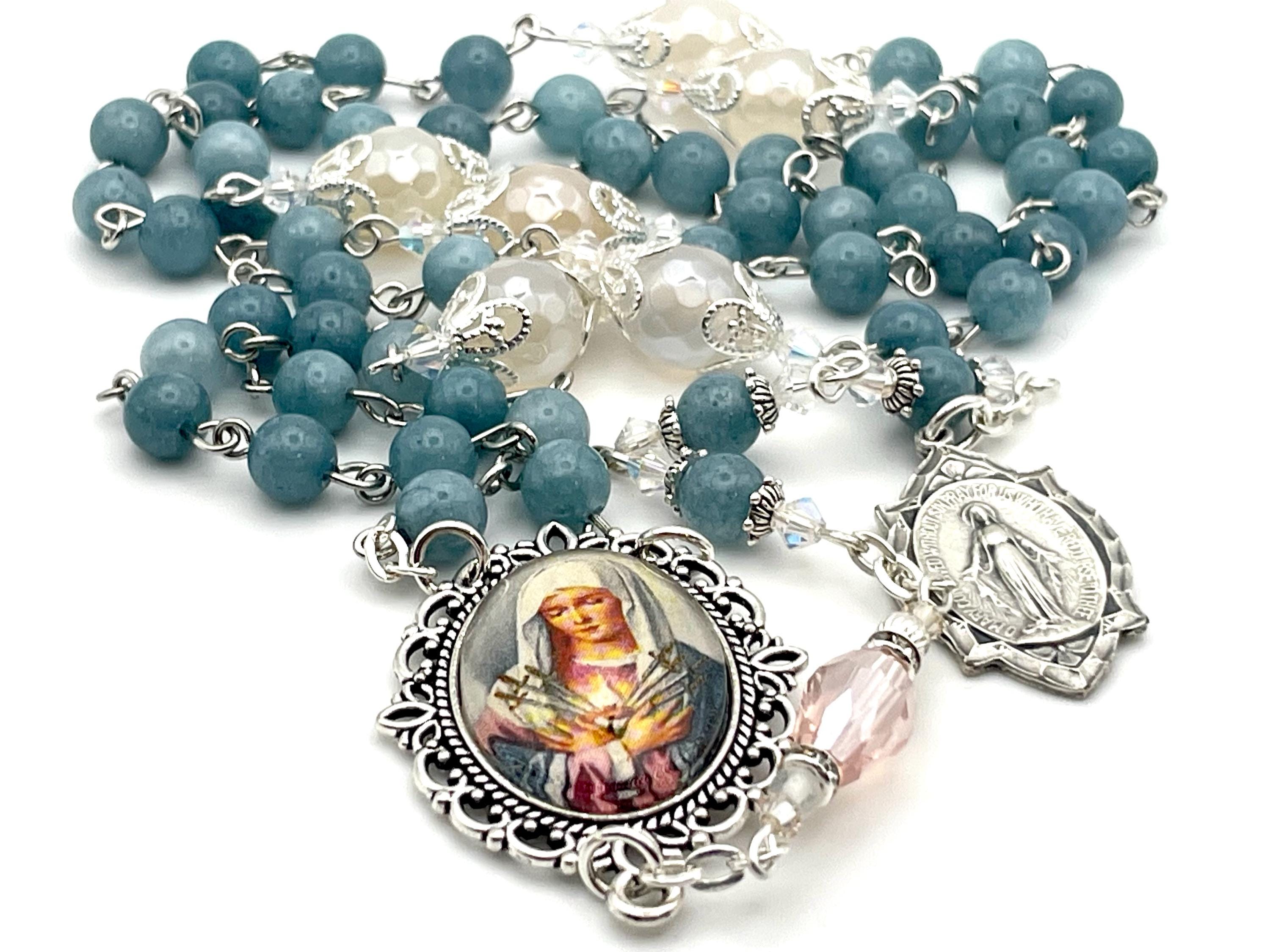 Seven Sorrows Servite Chaplet Rosary | Our Lady 7 Sorrows Chaplet | AAA Blue Chalcedony Aurora Agate White Opal Swarovski Crystals Heirloom