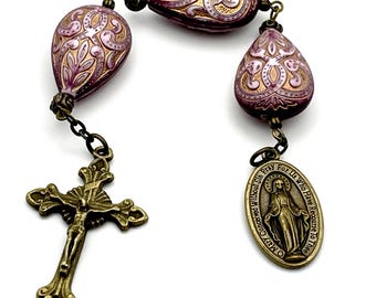 Miraculous Medal Three Hail Mary Chaplet With Stunning, Large, Ornate Beads | Bronze Embellishments 1.5” Devotional Medal Vintage Crucifix