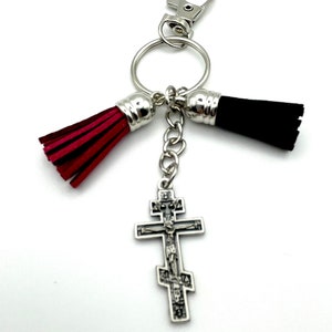 Eastern Orthodox Crucifix Keychain With Garnet and Black Leather Tassel