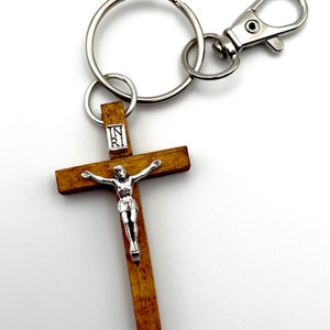 Wooden Crucifix Keychain- Silver Corpus INRI Inscription | Stainless Steel Keyring and Clip | Catholic Christian Gift for Him or Her