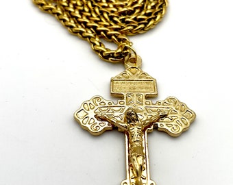 Gold Pardon Crucifix Pendant Chain Necklace | Catholic Jewelry | Christian Jewelry | Men’s or Unisex Chain Necklace | Cross Jewelry