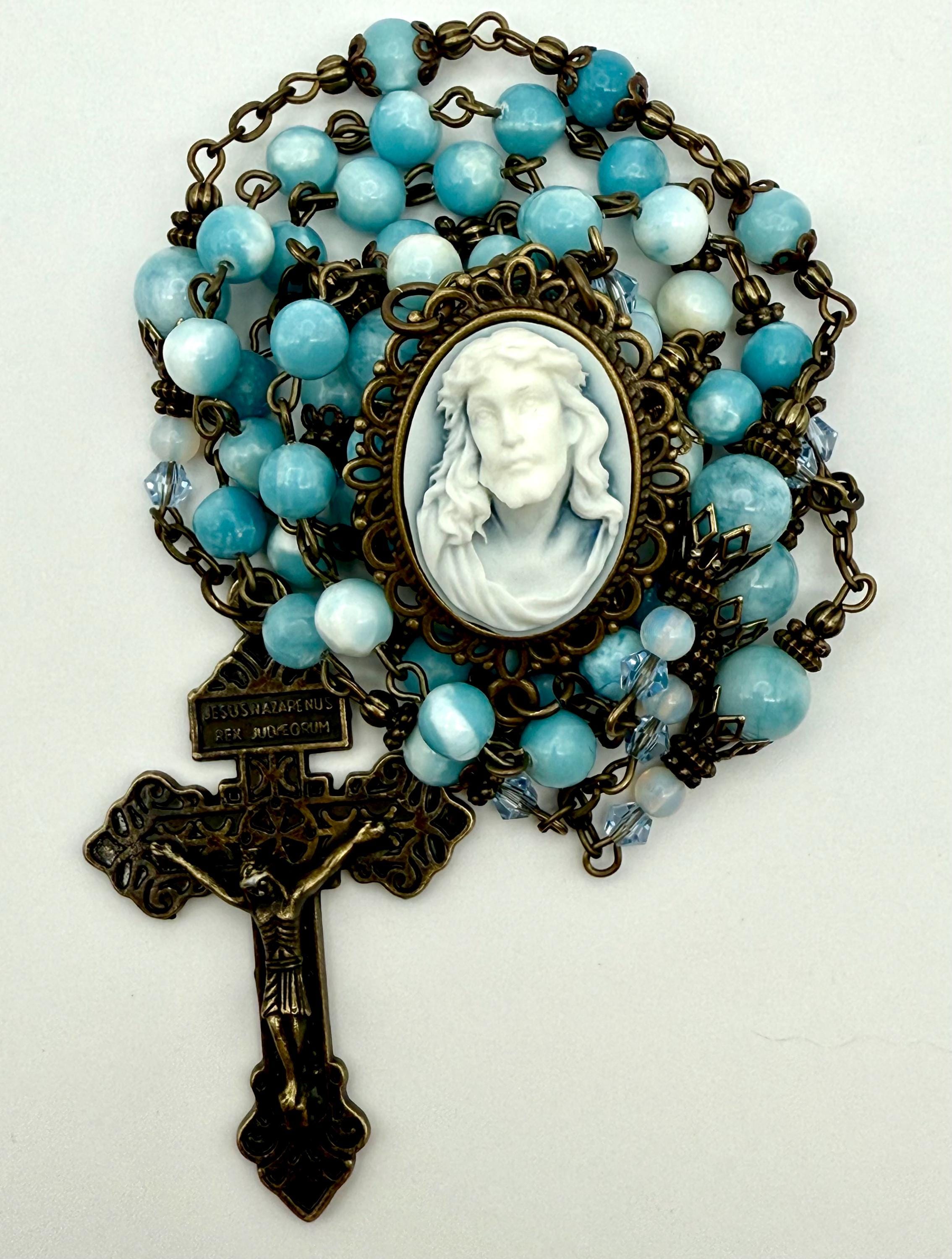 Ecce Homo Crown of Thorns Christ’s Passion Cameo Heirloom Handmade Rosary | AAA Blue Larimar Gemstone Swarovski Crystals Pardon Crucifix