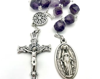 Genuine Amethyst Star Cut Beaded Tenner Chaplet One Decade Pocket Rosary With Large, Oval, Ornate, Miraculous Medal, Ornate Crucifix