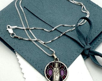 Stunning Stained Glass Madonna + Child Pendant Necklace | Sterling Silver Chain Gorgeous Detailed Medal | Hypoallergenic Material | Purple