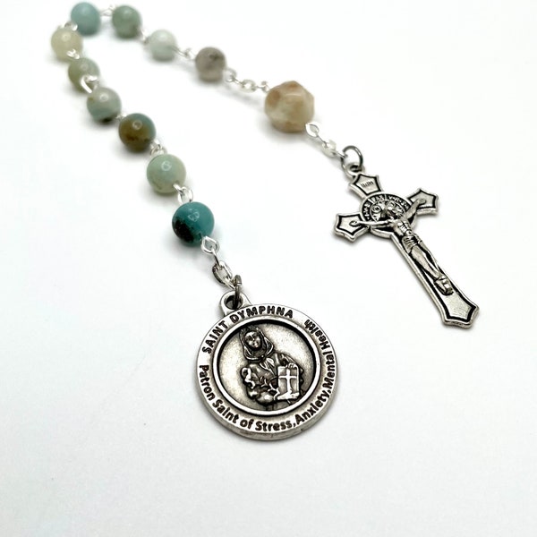 Saint Dymphna Genuine Gemstone Tenner Chaplet One Decade Rosary- Blue Amazonite, Patron Saint of Mental Health, Anxiety, Stress