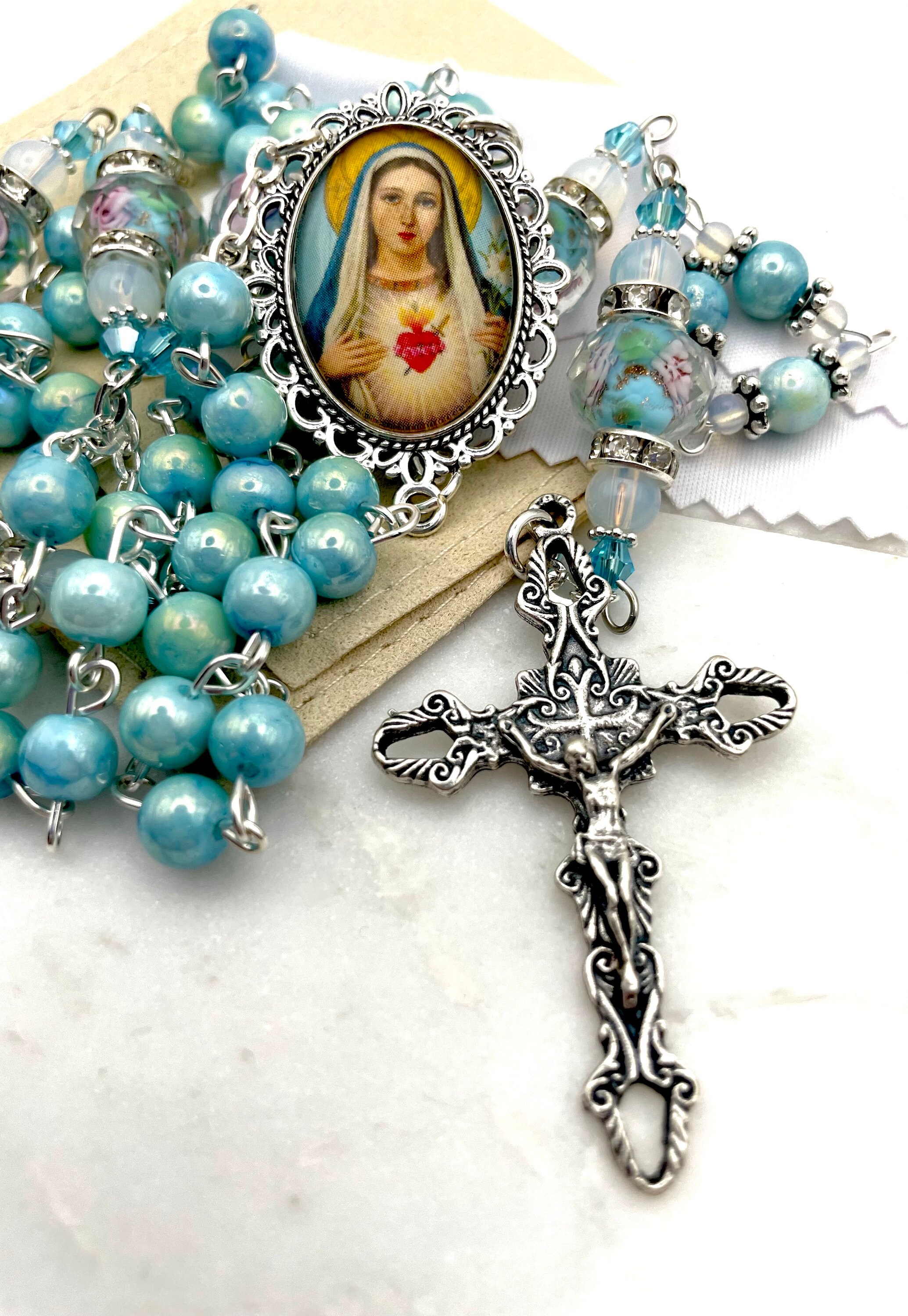 Immaculate Heart of Mary Rosary | Rose Lampwork Crystal + Marbled Glass ...
