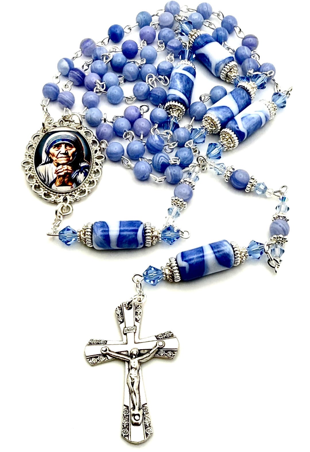St. Mother Teresa of Calcutta Heirloom Rosary | Vintage Blue Striped ...