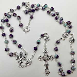 Genuine Imperial Jasper Beads + Fiat Fleur de Lis Centerpiece + St. Benedict Pater Beads, Our Lady of Lourdes, St. Bernadette, St. Therese