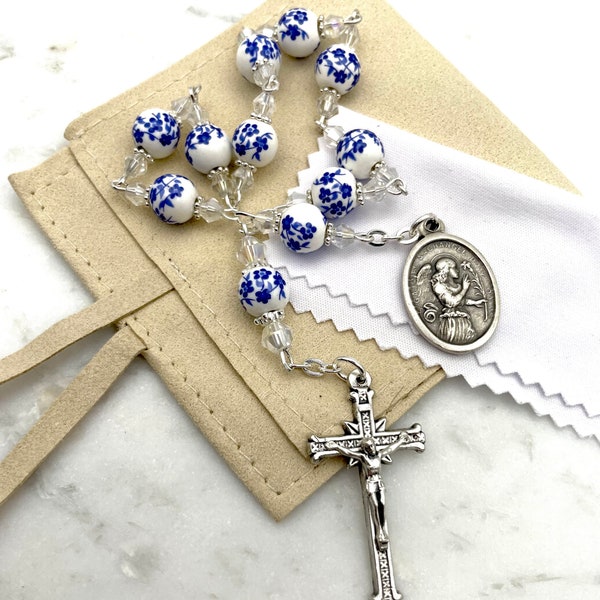 Archangel Gabriel Devotional Medal Tenner Chaplet One Decade Walking Pocket Rosary + Ceramic Beads | Guardian Angel | Swarovski Crystals