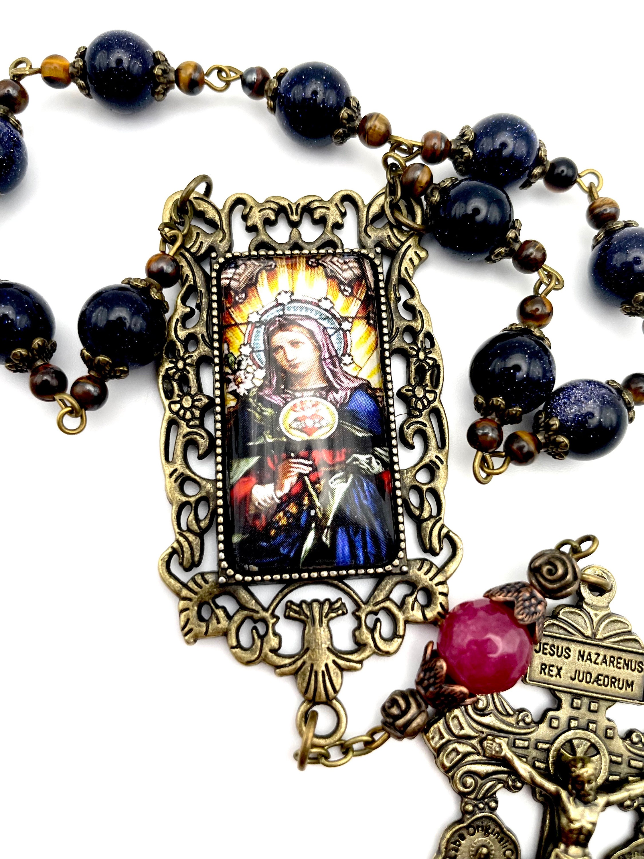 One Decade Ruby Blue Sandstone, Ruby, Tiger Eye Gemstone Single Decade Rosary ...