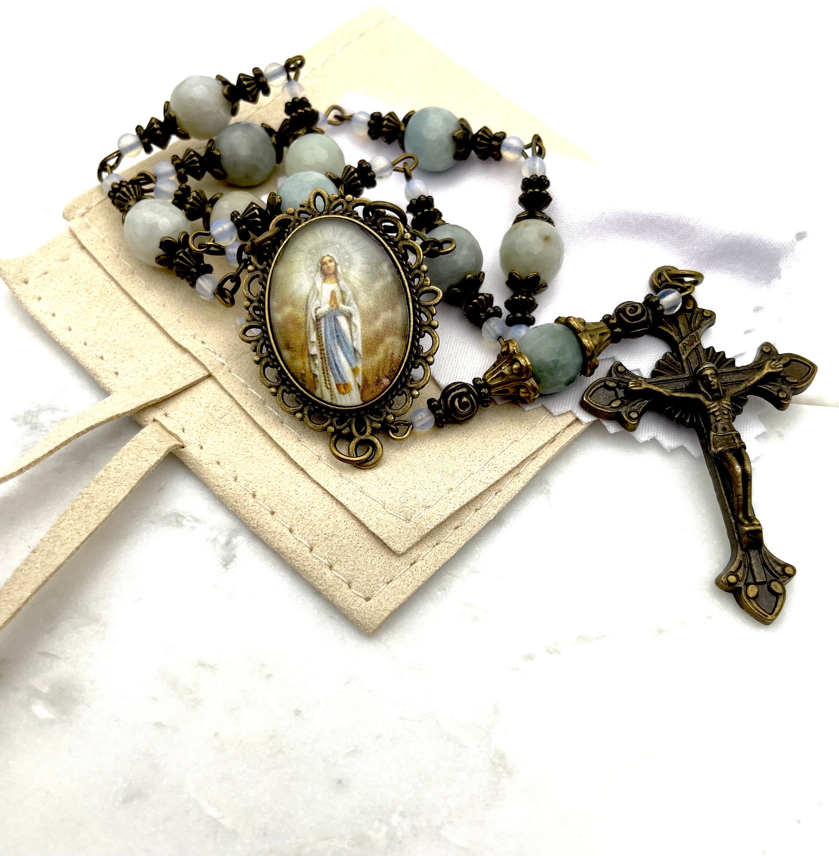 Our Lady of Lourdes, AAA Burmese Jade + Opal Precious Gemstone Tenner Chaplet One Decade Rosary | Bronze Crucifix | Heirloom | Immaculata