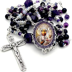 Our Lady of Czestochowa Heirloom Rosary | Purple Striped Agate, Amethyst, Opal Gems | Fatima Crucifix | Swarovski Crystals | Black Madonna
