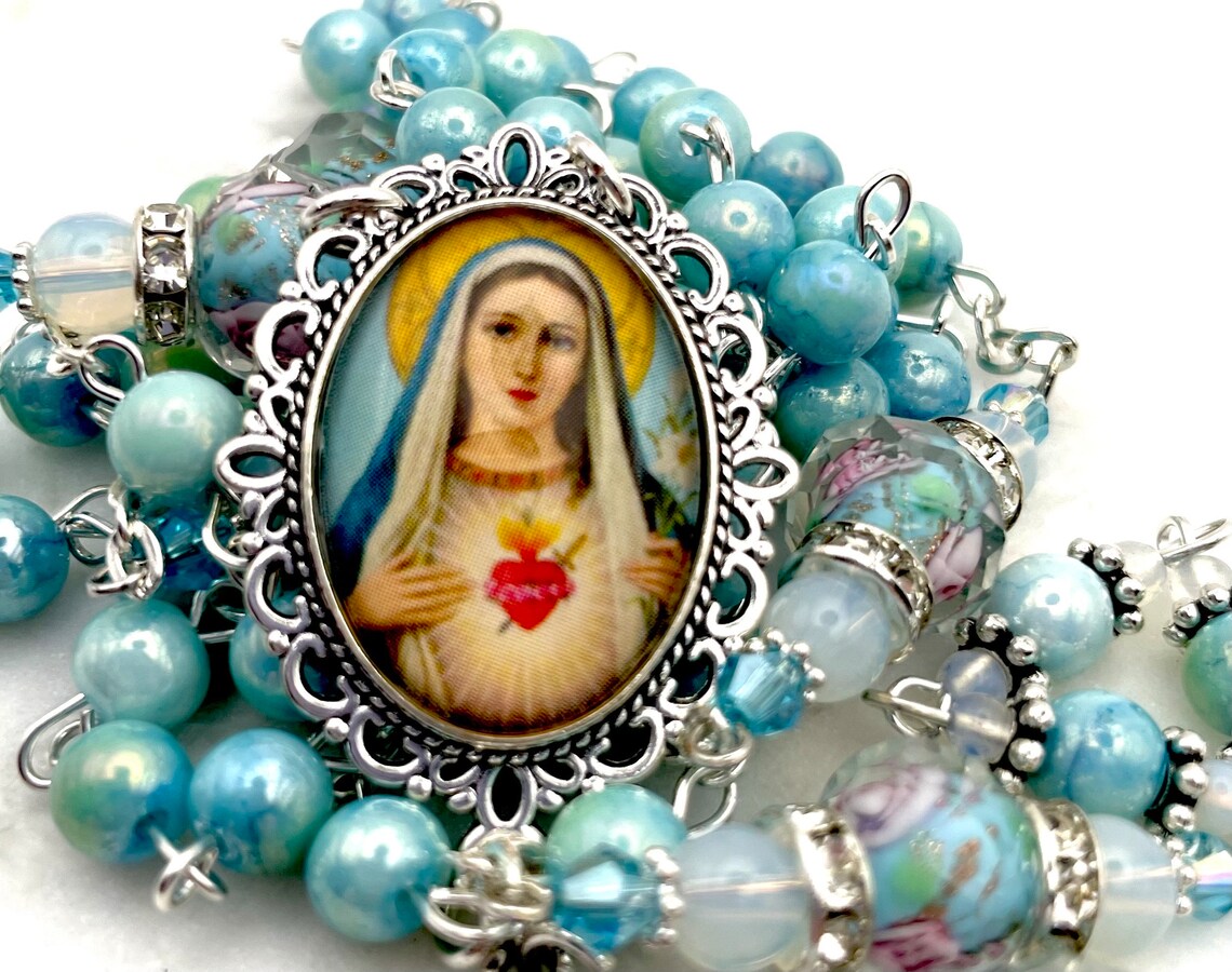 Immaculate Heart of Mary Rosary | Rose Lampwork Crystal + Marbled Glass ...