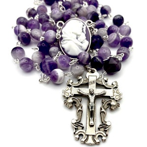 Cameo Virgin Mary With Jesus Centerpiece With Ornate, Vintage Crucifix + Dogtooth Amethyst Beads, Heirloom Rosary