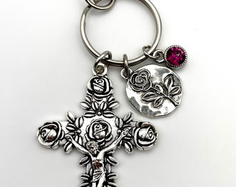 Rose Crucifix + Sterling Silver Rose Charm + Magenta Crystal Embellishment Three Hail Mary Devotion Keychain