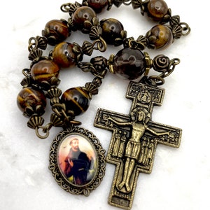 Heiliger Franz von Assisi Erbstück Tenner Chaplet One Decade Taschenrosenkranz | Bronze San Damiano Latein Franziskaner Kruzifix Andachtsmedaille