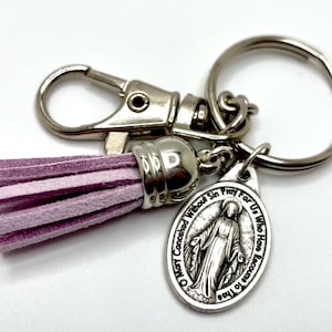 Miraculous Medal Purple Tassel Keychain, Catholic Keychain, Our Lady of the Miraculous Medal Keychain