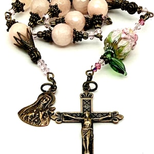 Saint Therese of Lisieux Little Flower Carmelite Heirloom Handmade Tenner Chaplet One Decade Rosary | Large Lampwork Flower Solid Bronze