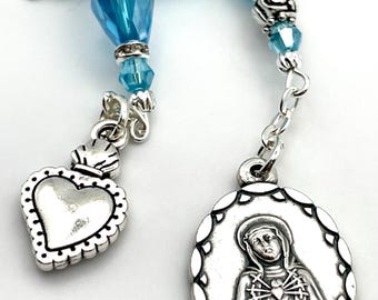 Tear Drop Crystals Our Lady of Seven Sorrows Servite Chaplet Pocket Rosary | Swarovski Crystals Silver Embellishments | Sacred Heart Medal