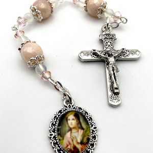 Beautiful Silverite + Opal Gemstone Three Hail Mary Chaplet With Stunning Saint Maria Goretti Devotional Medal Ornate Crucifix Swarovski