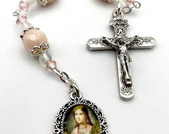 Beautiful Silverite + Opal Gemstone Three Hail Mary Chaplet With Stunning Saint Maria Goretti Devotional Medal Ornate Crucifix Swarovski