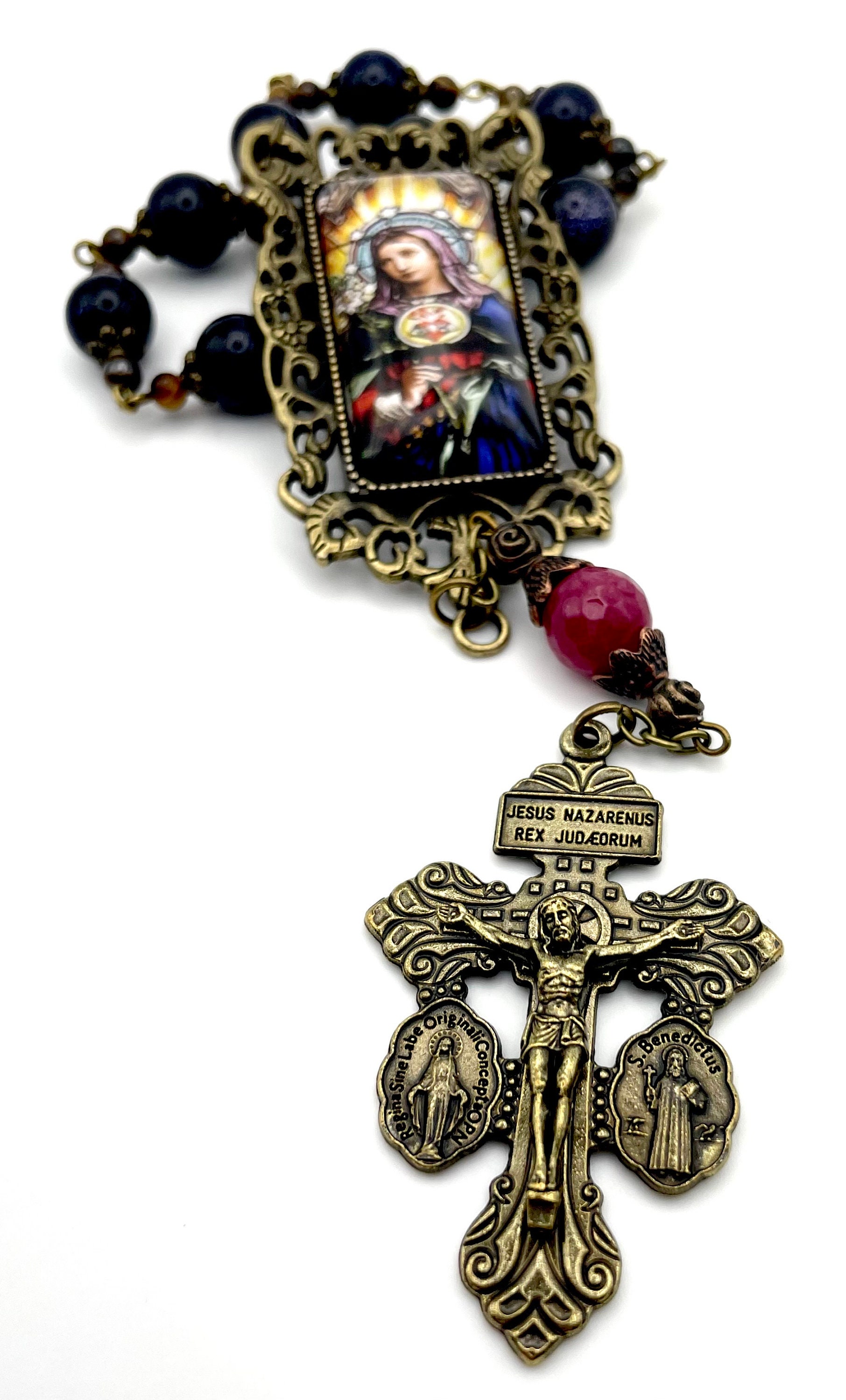 One Decade Ruby Blue Sandstone, Ruby, Tiger Eye Gemstone Single Decade Rosary ...