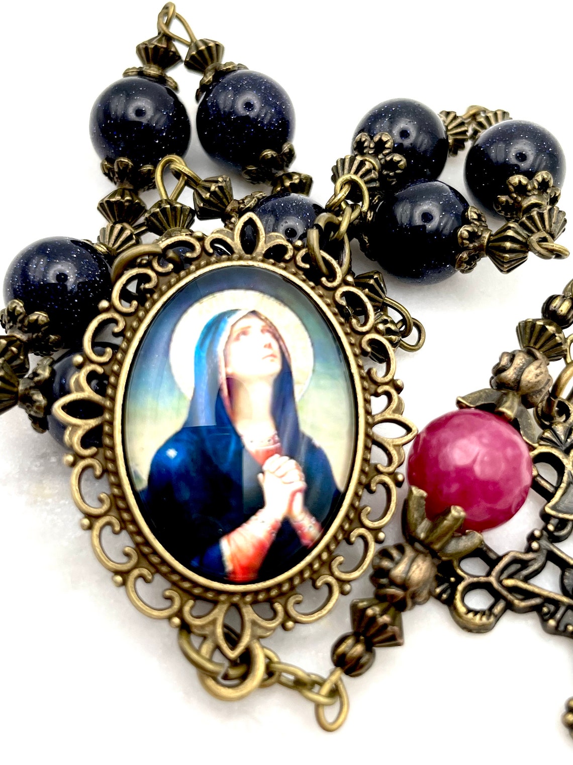 One Decade Ruby Our Lady of 7 Sorrows Marian, AAA Ruby + Blue Sandstone Gemstone Tenner ...