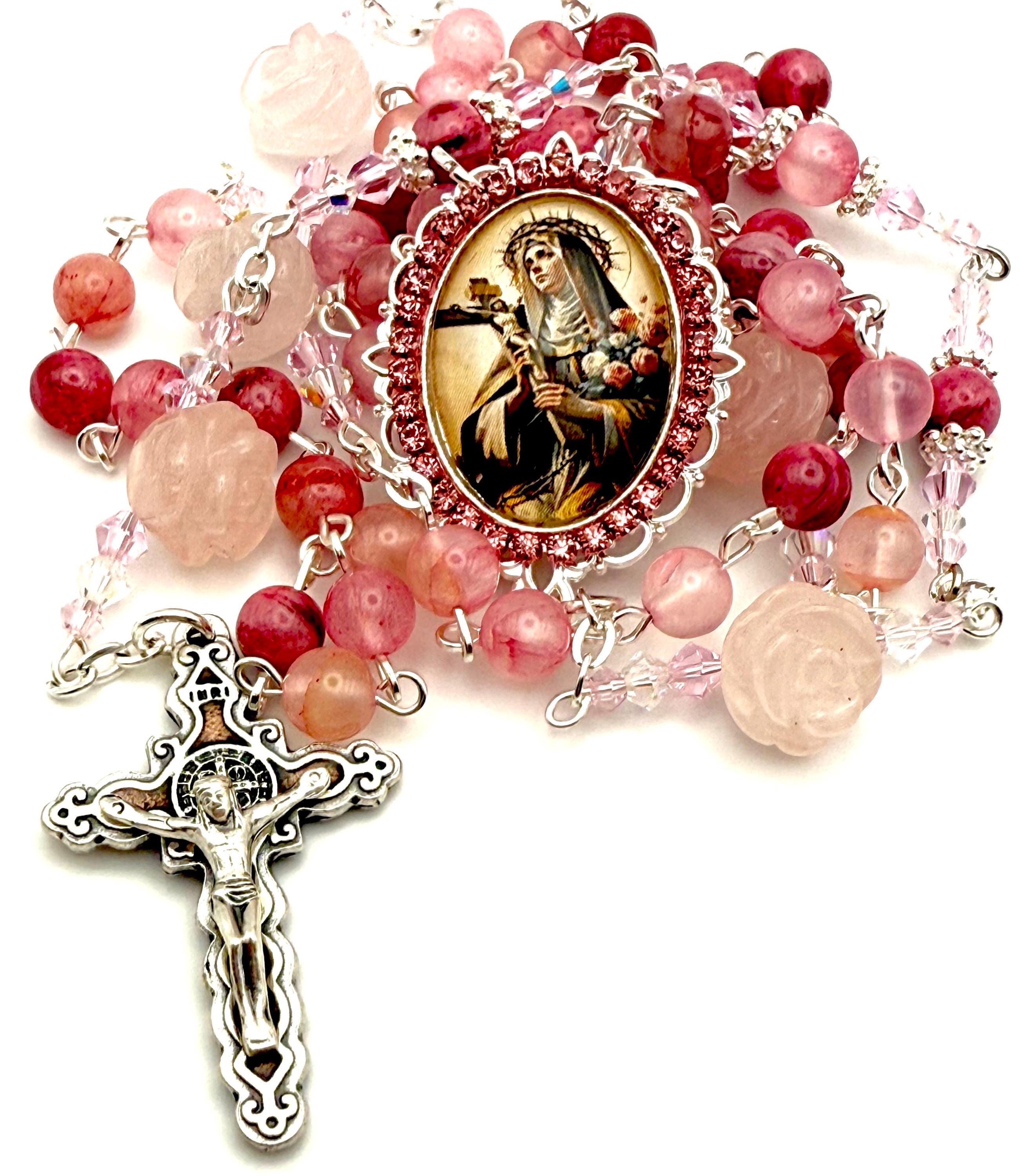 Saint Rose of Lima AAA Persian Jade and Solid Carved Rose Quartz