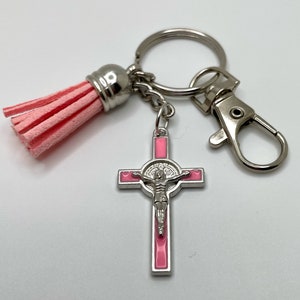 Pink St. Benedict Medal Crucifix  and Tassel Keychain, Catholic Gift for Her, Protection Against Evil
