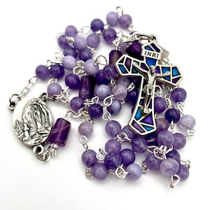 Lourdes Healing Water + Stained Glass Inlay Crucifix Rosary With Genuine Jasper Gemstone and Amethyst, Our Lady of Lourdes St. Bernadette