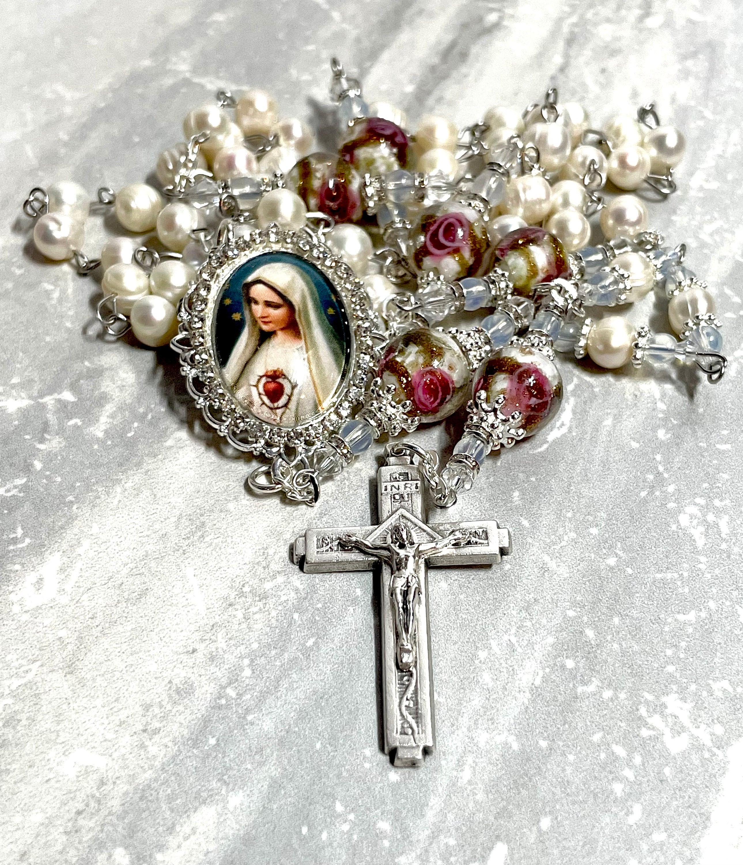 Intricately Designed Genuine Freshwater Pearl + Handmade Lampwork Rose Heirloom Rosary | Immaculate Heart Crystal Enshrined Center | Fatima