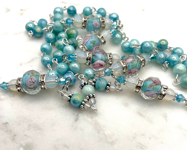 Immaculate Heart of Mary Rosary | Rose Lampwork Crystal + Marbled Glass ...