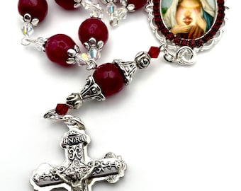 Swarovski Crystals, Ruby Gemstones, Garnet Rhinestone Immaculate Sacred Heart of Mary Single Decade Heirloom Pocket Rosary, Ornate Crucifix