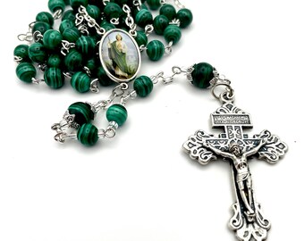 AAA Grade Genuine Natural Malachite Precious Gemstone Beaded Rosary With Glass-Encased Saint Jude Portrait + Ecce Homo + Pardon Crucifix