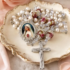 Intricately Designed Genuine Freshwater Pearl + Handmade Lampwork Rose Heirloom Rosary | Immaculate Heart Crystal Enshrined Center | Fatima