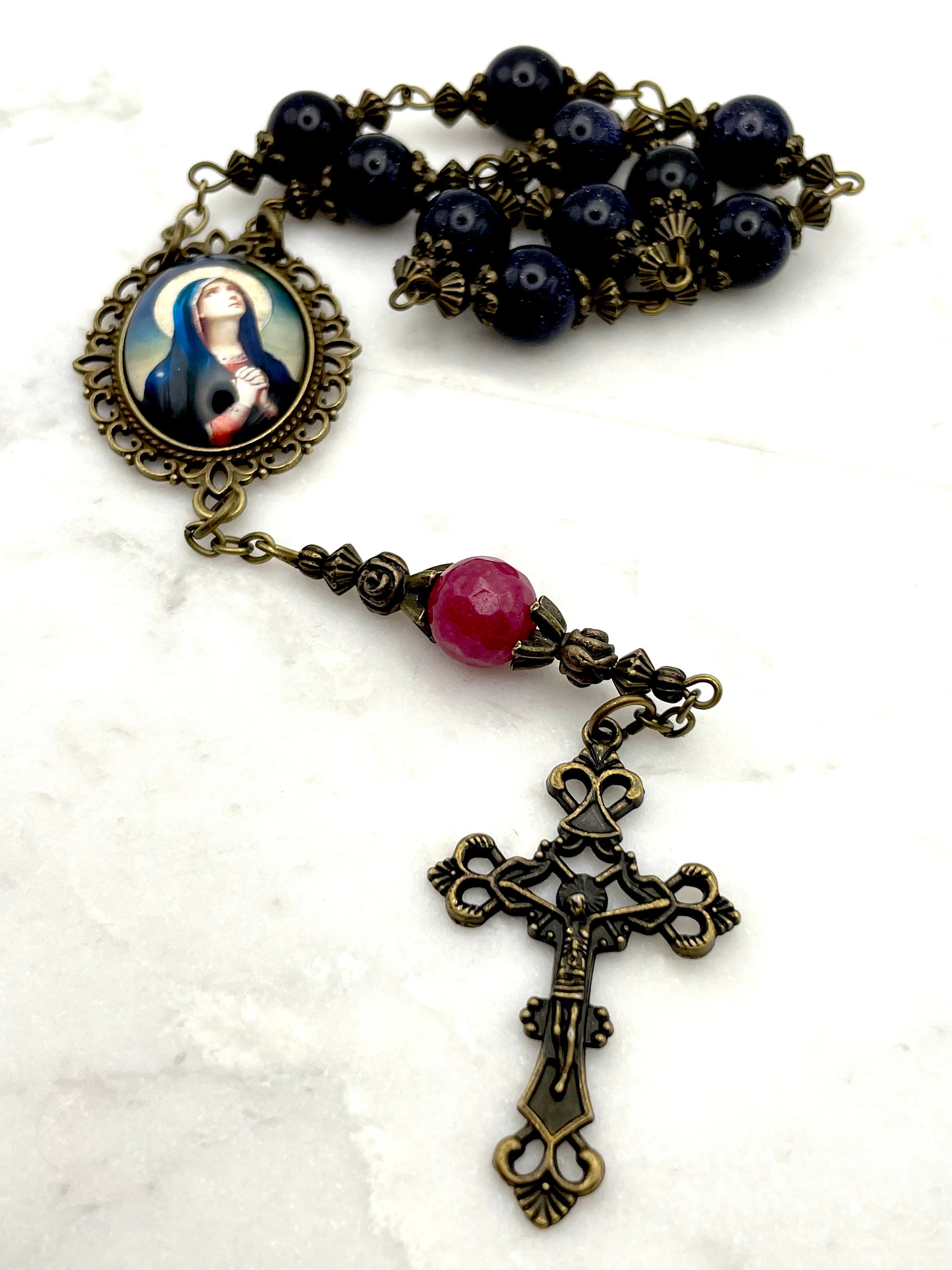 One Decade Ruby Our Lady of 7 Sorrows Marian, AAA Ruby + Blue Sandstone Gemstone Tenner ...