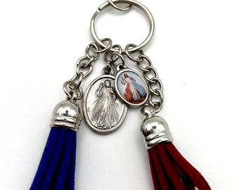Divine Mercy Jesus I Trust In You, Red + Blue Tassel Keychain Devotional Medal, St. Faustina, Sacred Heart of Jesus