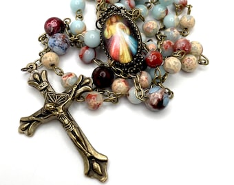 New, Larger Centerpiece, Divine Mercy Genuine Gemstone Imperial Jasper Beaded Heirloom Rosary- Jesus, I Trust in You | Sacred Heart of Jesus