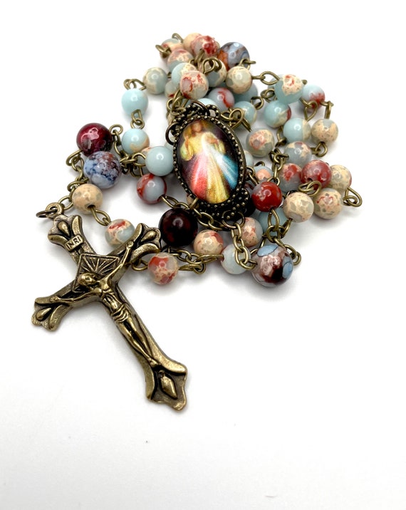 New, Larger Centerpiece, Divine Mercy Genuine Gemstone Imperial Jasper Beaded Heirloom Rosary- Jesus, I Trust in You | Sacred Heart of Jesus