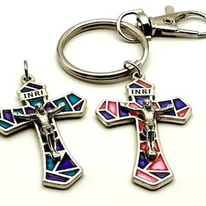 Stained Glass Crucifix Double-Sided | Large, Heavyweight, Durable Keychain With Clip | Color Choice | Pink Purple Blue | Catholic Gift Her