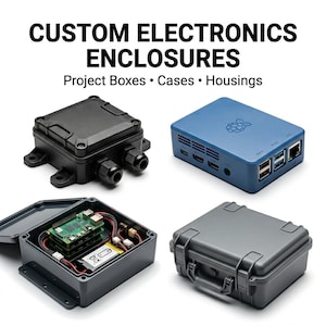 May include: Custom electronics enclosures, project boxes, cases, and housings. The image displays a black industrial box, a blue Raspberry Pi case, an open box containing a circuit board and battery, and a grey hard-shell carrying case.