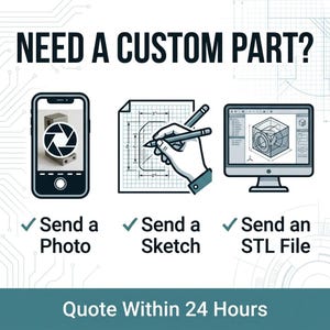 May include: An informational graphic titled NEED A CUSTOM PART? featuring three icons: a smartphone displaying a camera shutter, a hand drawing on grid paper, and a computer monitor showing a 3D model. Text includes Send a Photo, Send a Sketch, Send an STL File, and Quote Within 24 Hours.