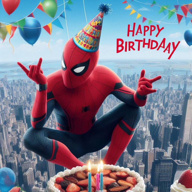 May include: Illustration of Spider-Man in a birthday hat, with the words "Happy Birthday" in red. A cake with strawberries and candles is in the foreground. Balloons and colorful flags are in the background.
